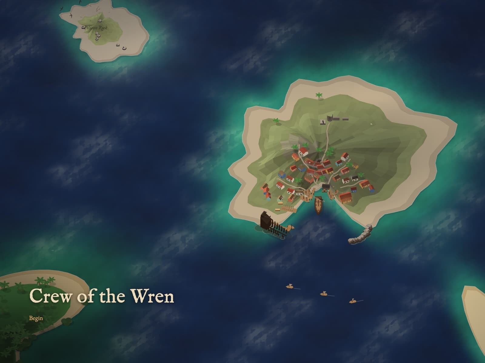 The Crew of the Wren title screen: the Wren tied up at Saltmarrow at dawn, with the game's name in the lower left