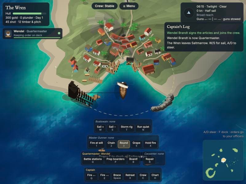 The sea screen before the interface overhaul: grey panels and rows of key hints